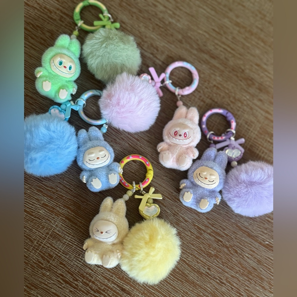 Blue New mini flocked have a seat labubu keychain